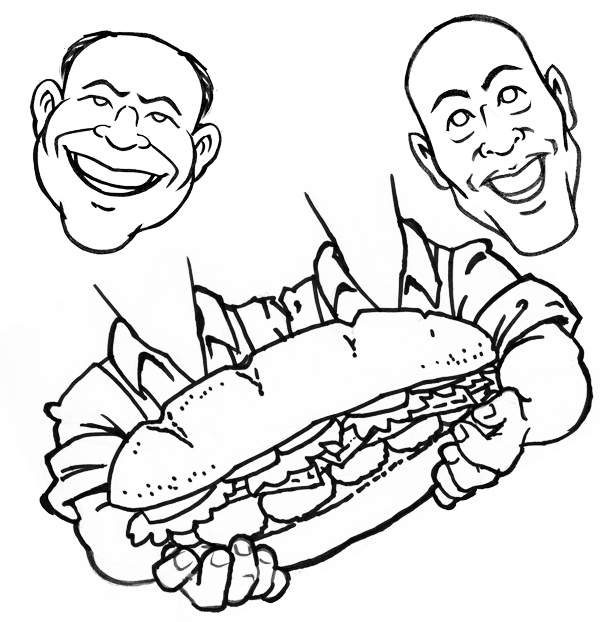scanned_ink_drawing_for_logo Scanned artwork for logo. I generally draw head separate from the bodies. That way I can play around with head positions easily.